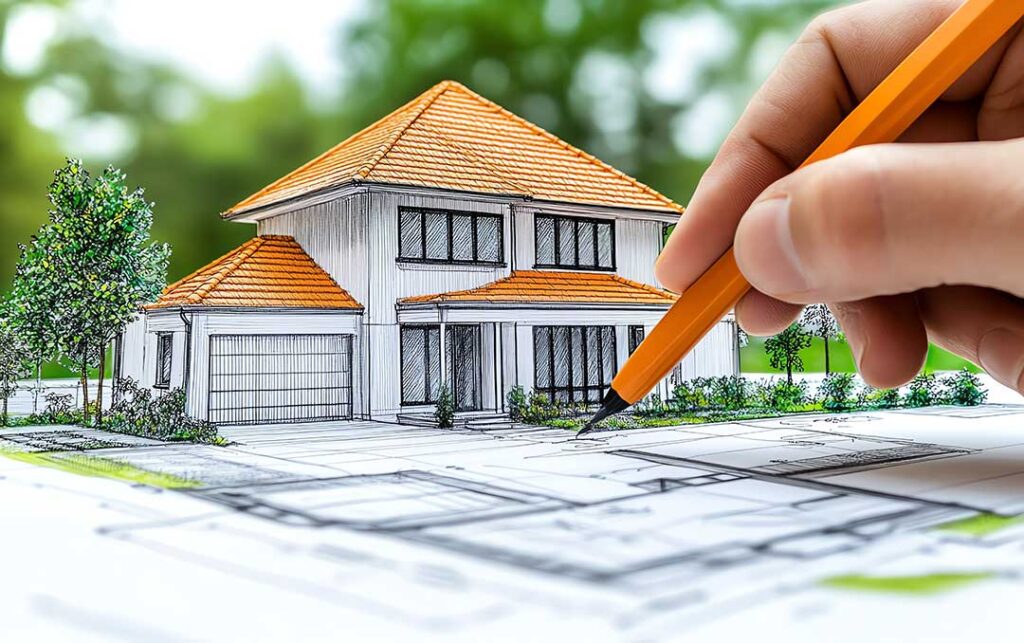 A young couple reviewing blueprints with a contractor at a residential construction site.