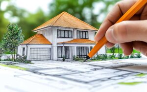 A young couple reviewing blueprints with a contractor at a residential construction site.