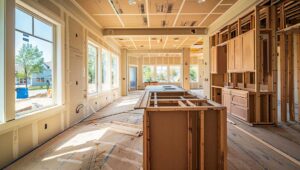 A person reviews house blueprints and cost estimates at a construction site with visible framing and building materials.